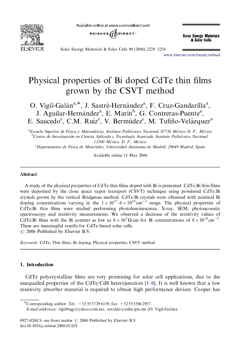 Physical properties of Bi doped CdTe thin films grown by the CSVT method