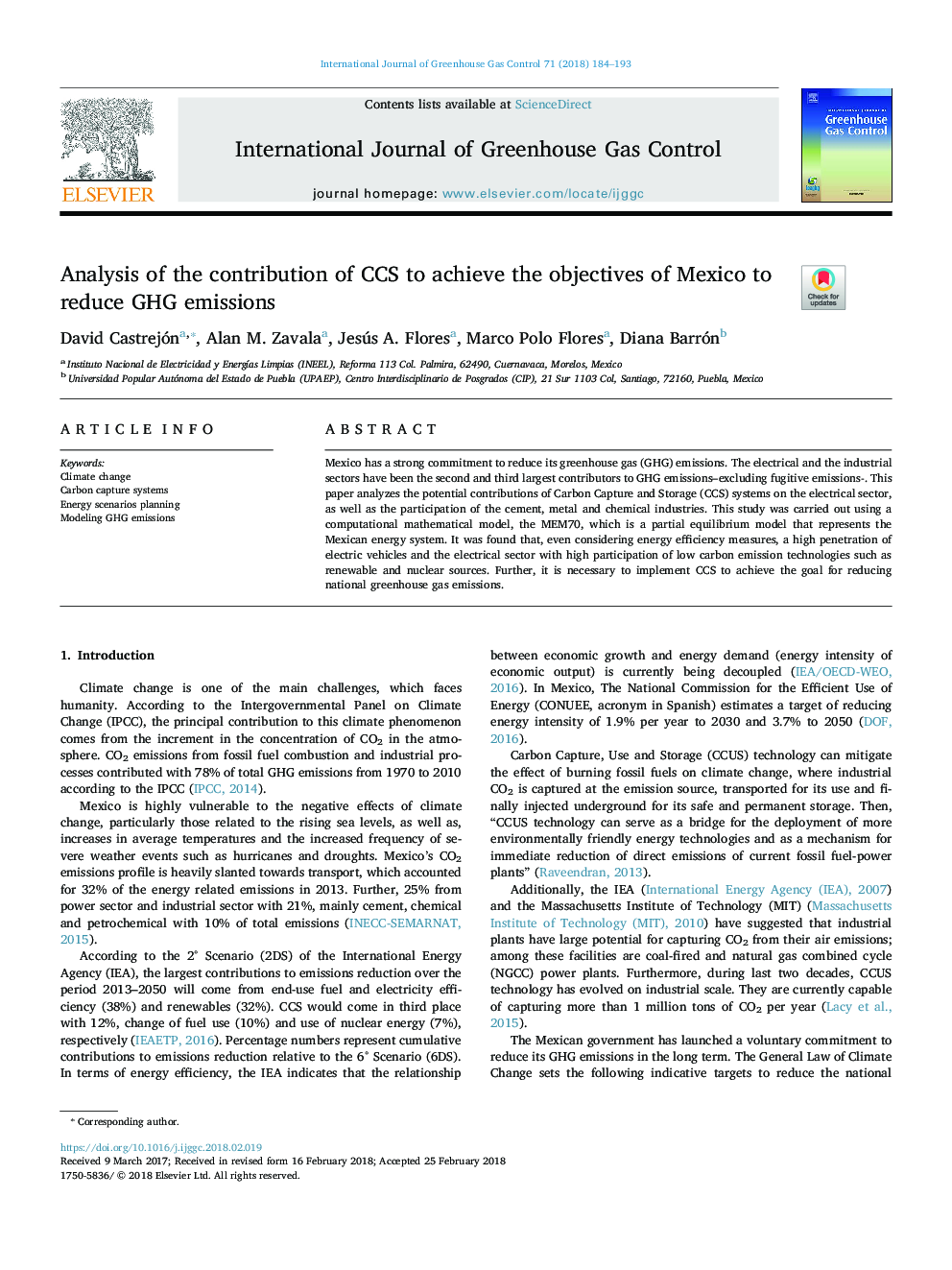 Analysis of the contribution of CCS to achieve the objectives of Mexico to reduce GHG emissions