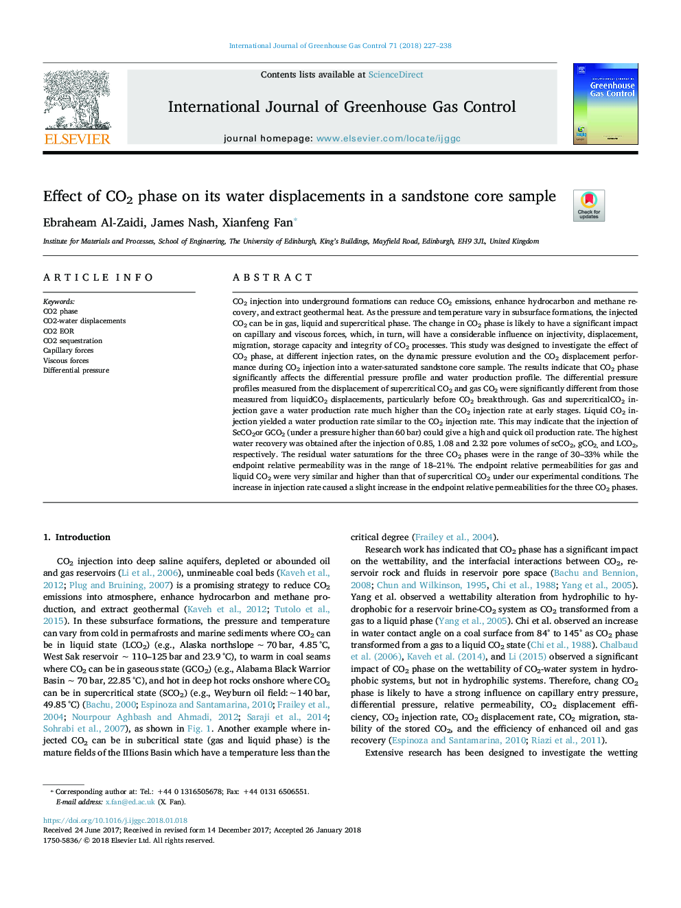 Effect of CO2 phase on its water displacements in a sandstone core sample