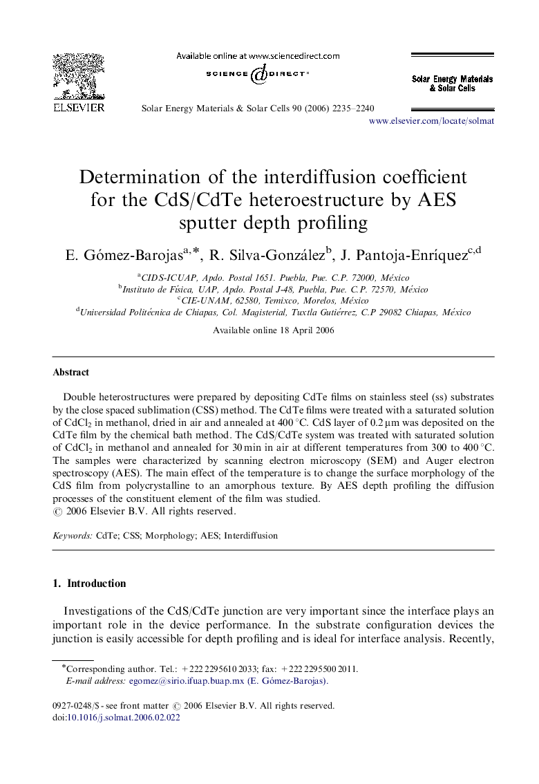 Determination of the interdiffusion coefficient for the CdS/CdTe heteroestructure by AES sputter depth profiling