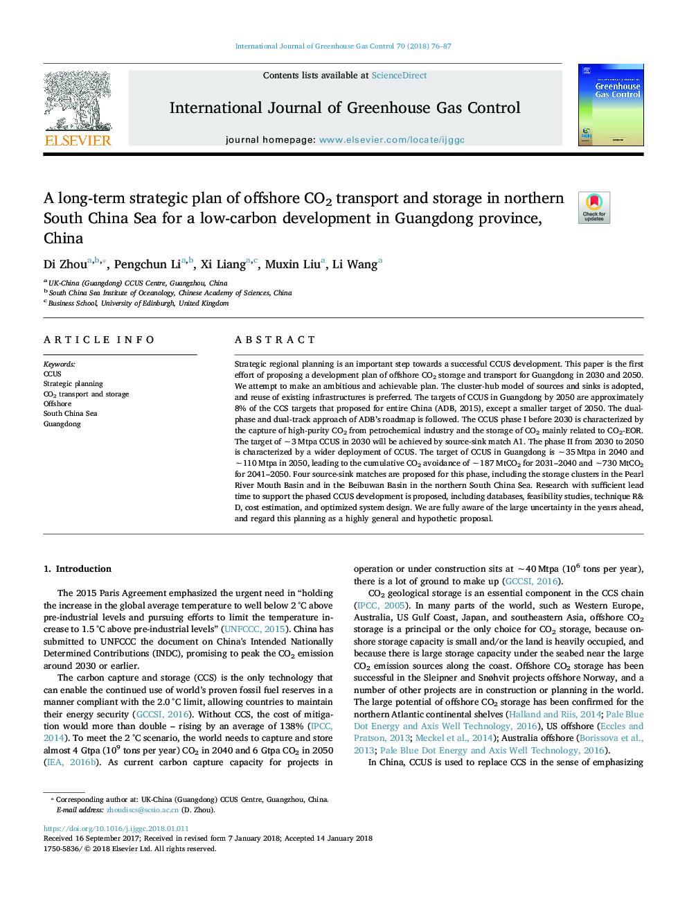 A long-term strategic plan of offshore CO2 transport and storage in northern South China Sea for a low-carbon development in Guangdong province, China