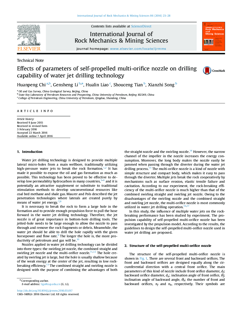 Effects of parameters of self-propelled multi-orifice nozzle on drilling capability of water jet drilling technology