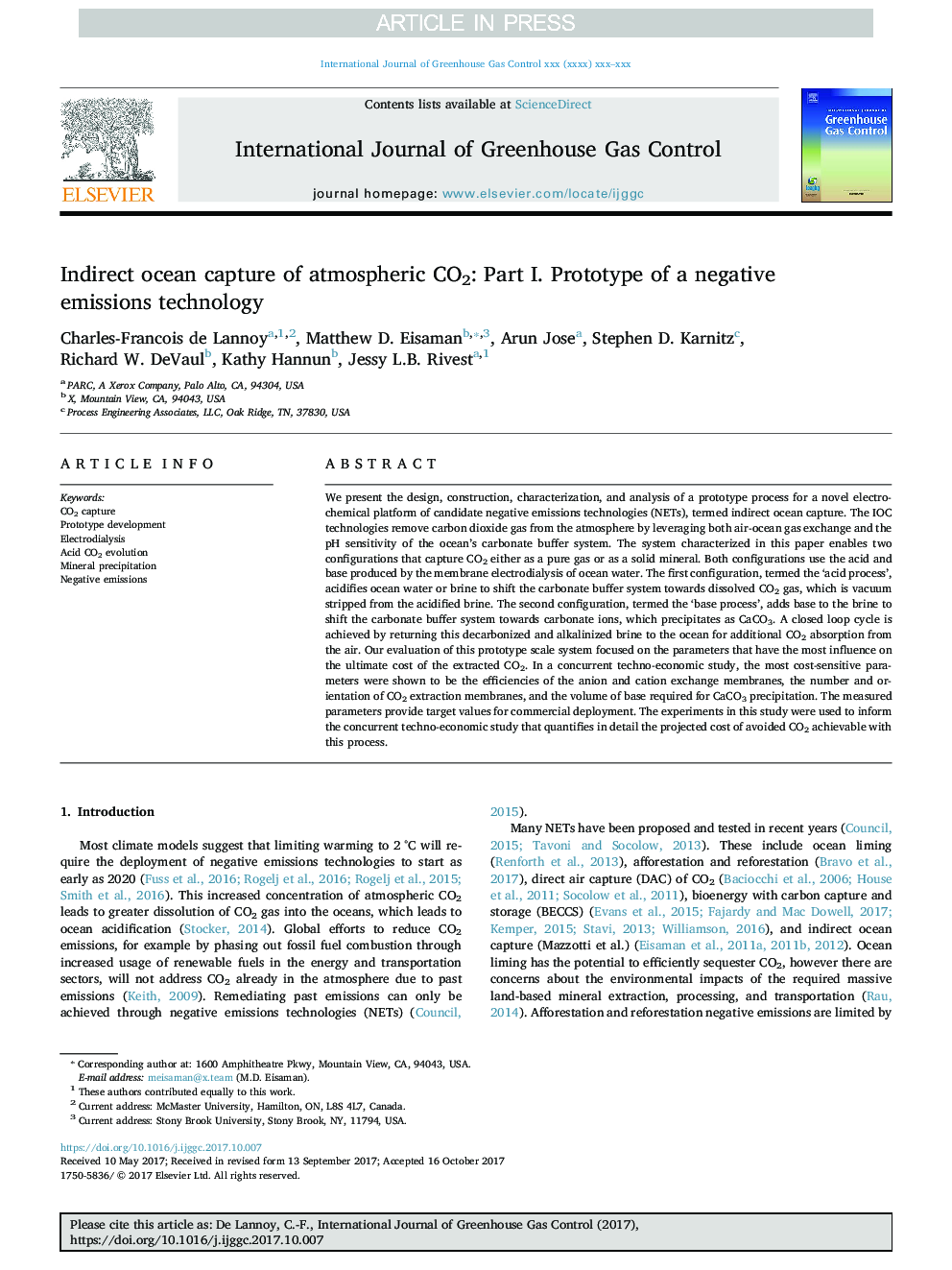 Indirect ocean capture of atmospheric CO2: Part I. Prototype of a negative emissions technology