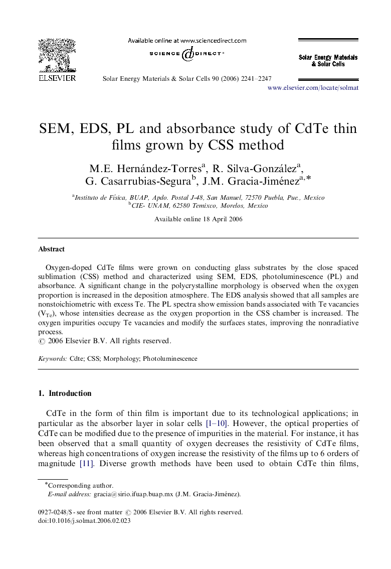 SEM, EDS, PL and absorbance study of CdTe thin films grown by CSS method