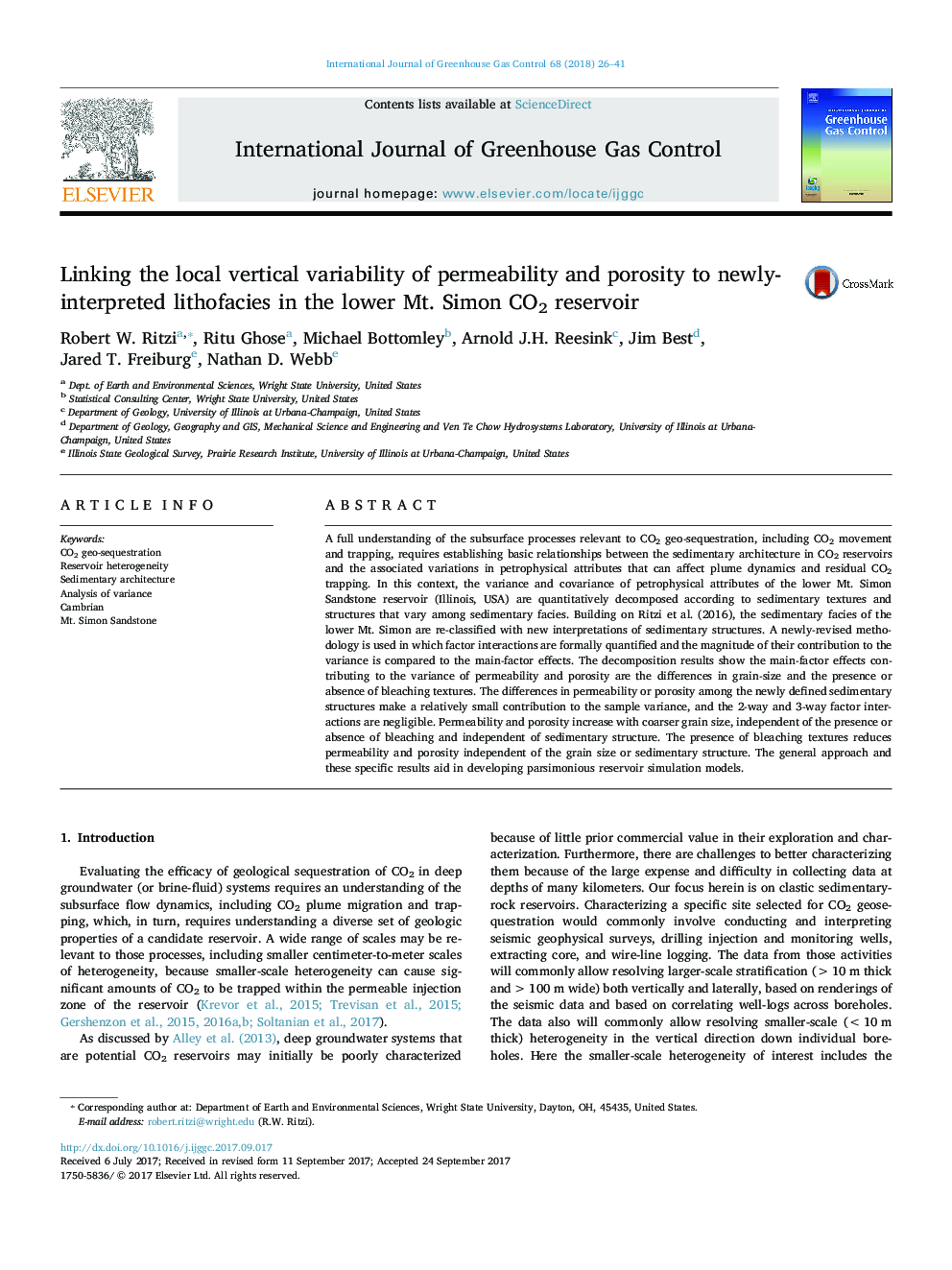 Linking the local vertical variability of permeability and porosity to newly-interpreted lithofacies in the lower Mt. Simon CO2 reservoir