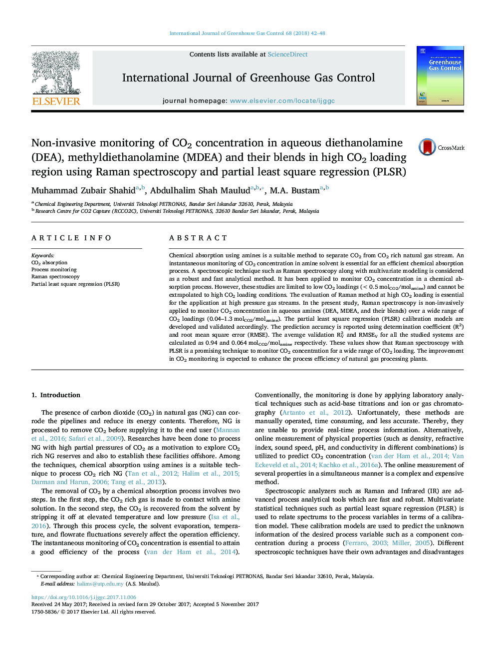 Non-invasive monitoring of CO2 concentration in aqueous diethanolamine (DEA), methyldiethanolamine (MDEA) and their blends in high CO2 loading region using Raman spectroscopy and partial least square regression (PLSR)