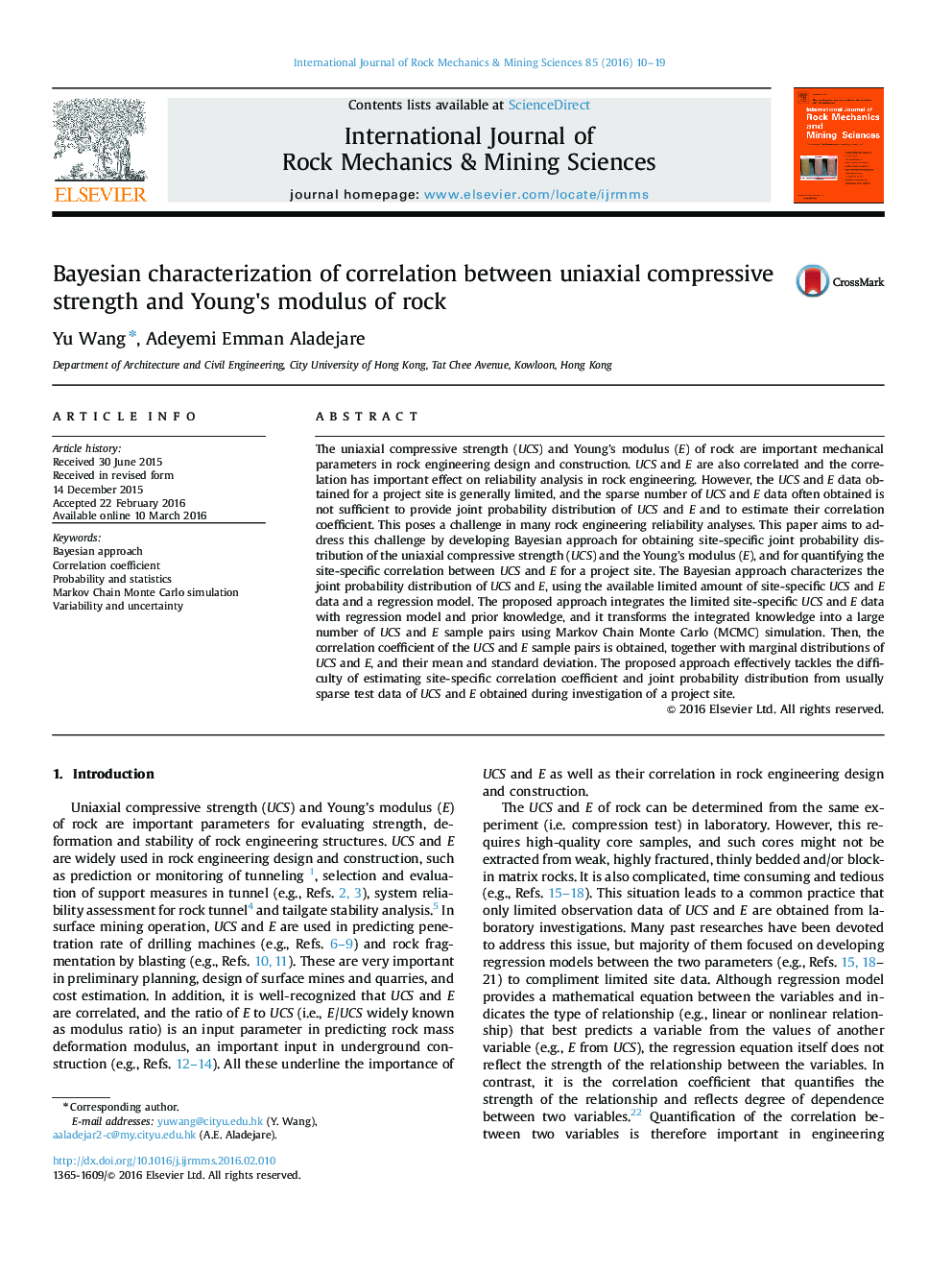 Bayesian characterization of correlation between uniaxial compressive strength and Young's modulus of rock
