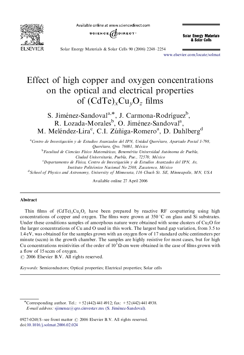 Effect of high copper and oxygen concentrations on the optical and electrical properties of (CdTe)xCuyOz films