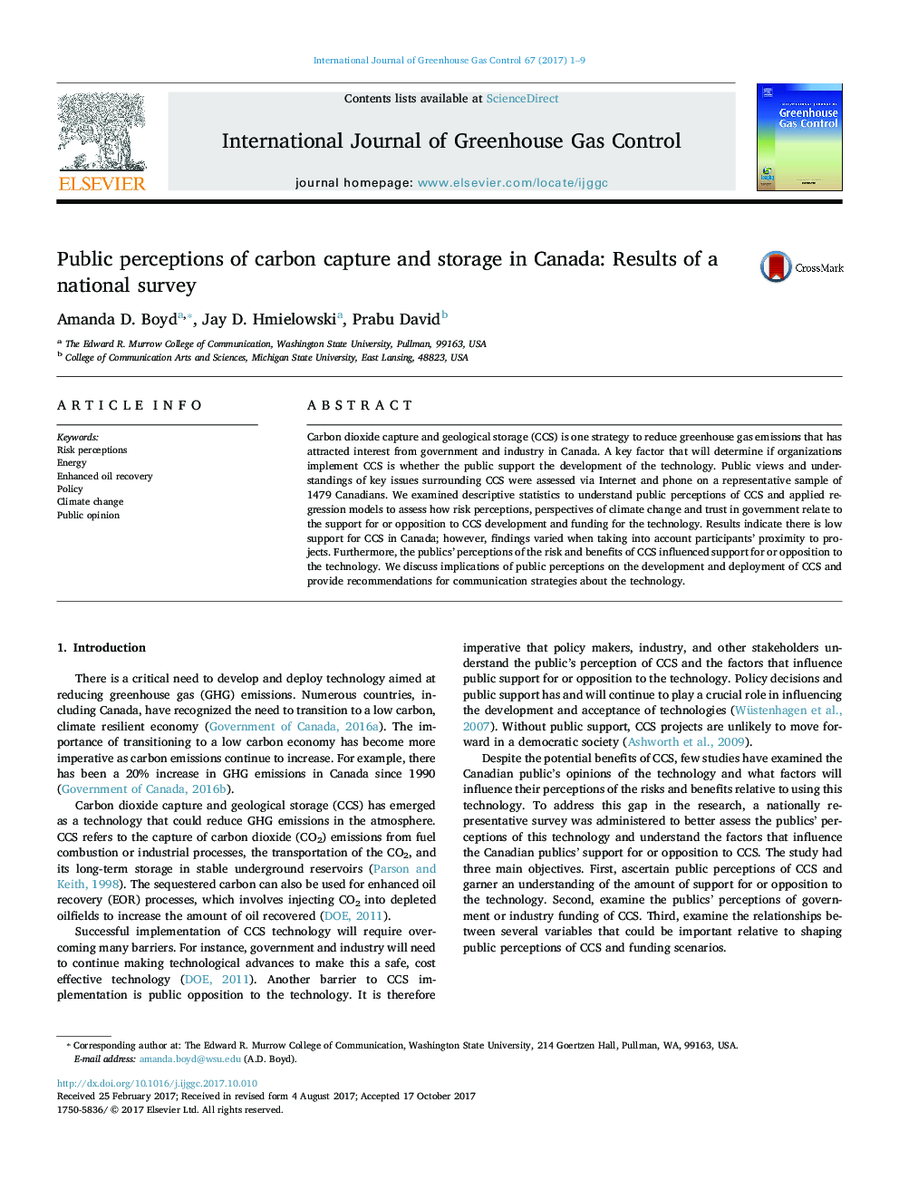 ادراک عمومی در مورد جذب و ذخیره کربن در کانادا: نتایج یک نظرسنجی ملی 
