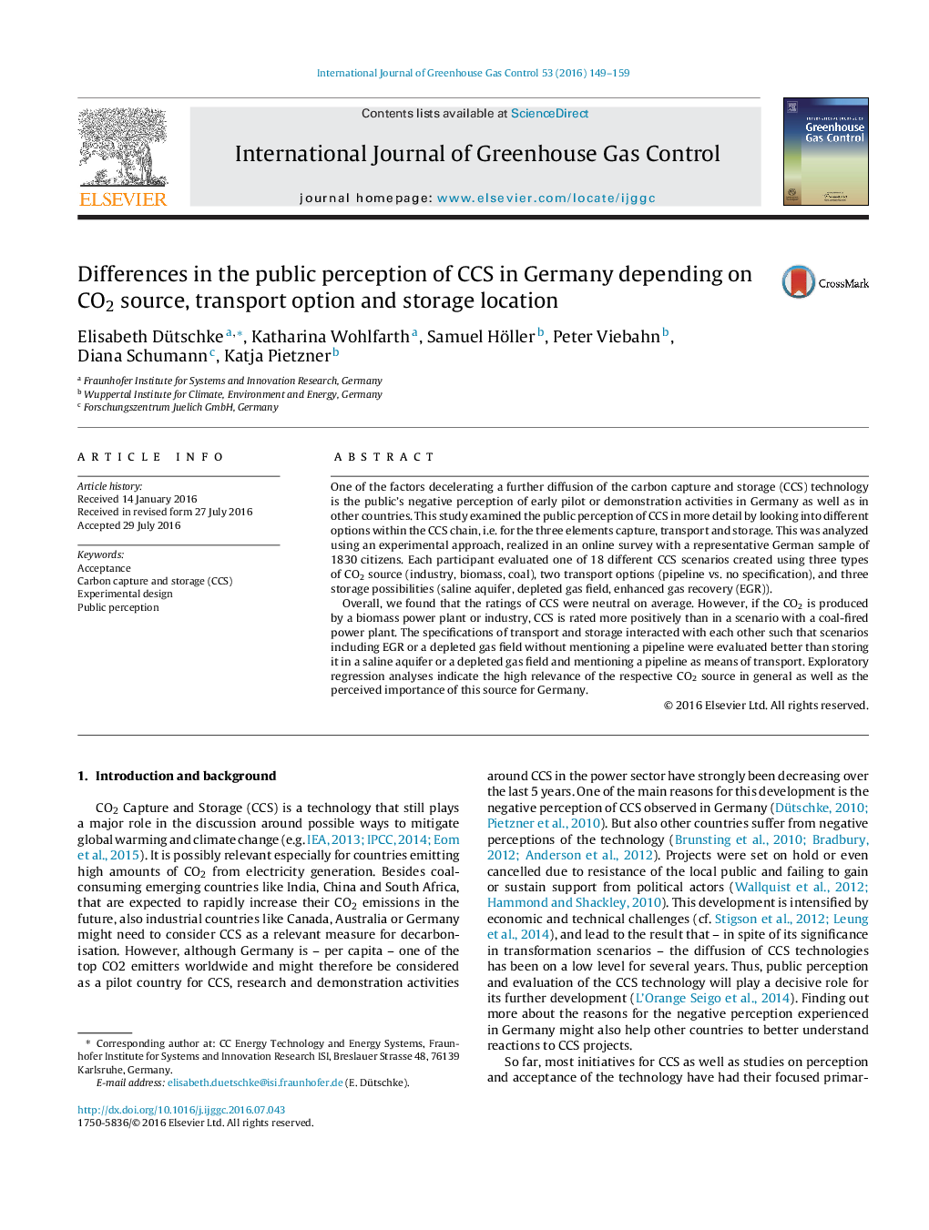 Differences in the public perception of CCS in Germany depending on CO2 source, transport option and storage location