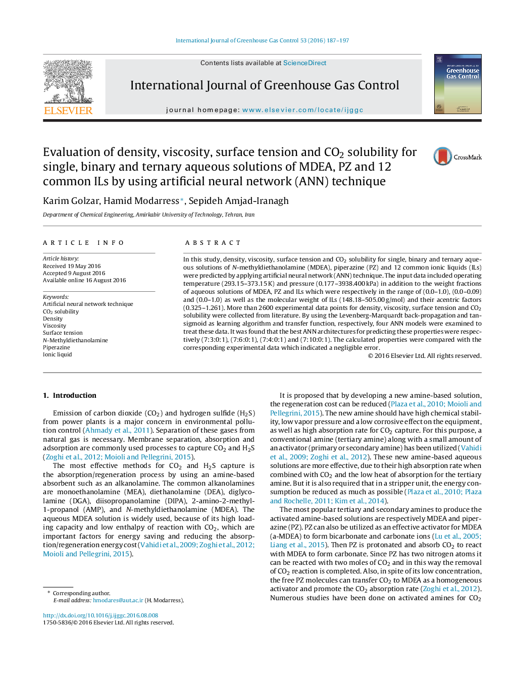 Evaluation of density, viscosity, surface tension and CO2 solubility for single, binary and ternary aqueous solutions of MDEA, PZ and 12 common ILs by using artificial neural network (ANN) technique