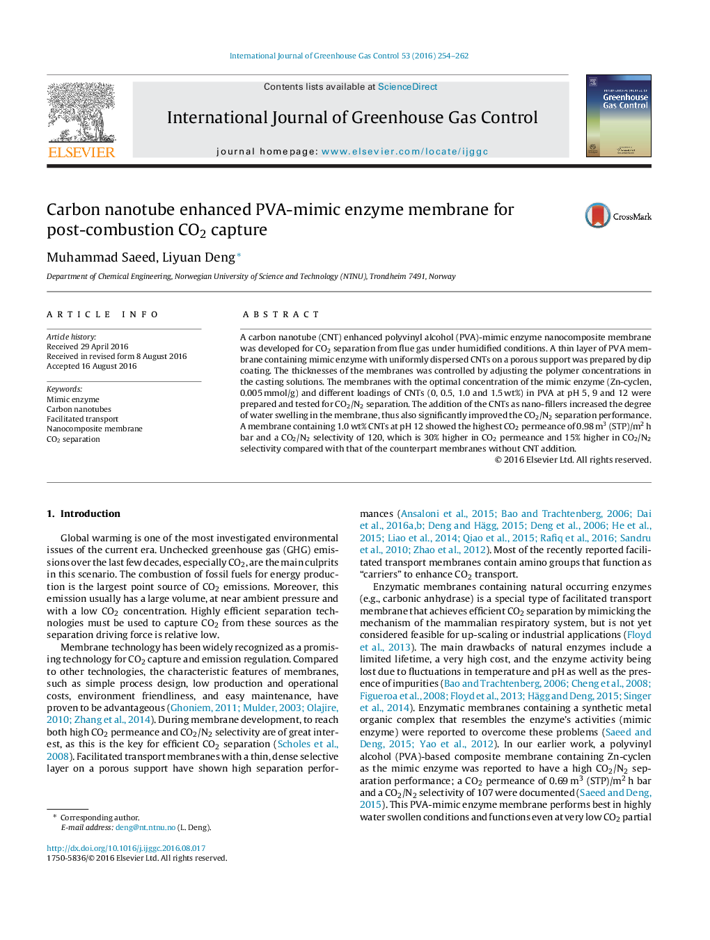 Carbon nanotube enhanced PVA-mimic enzyme membrane for post-combustion CO2 capture