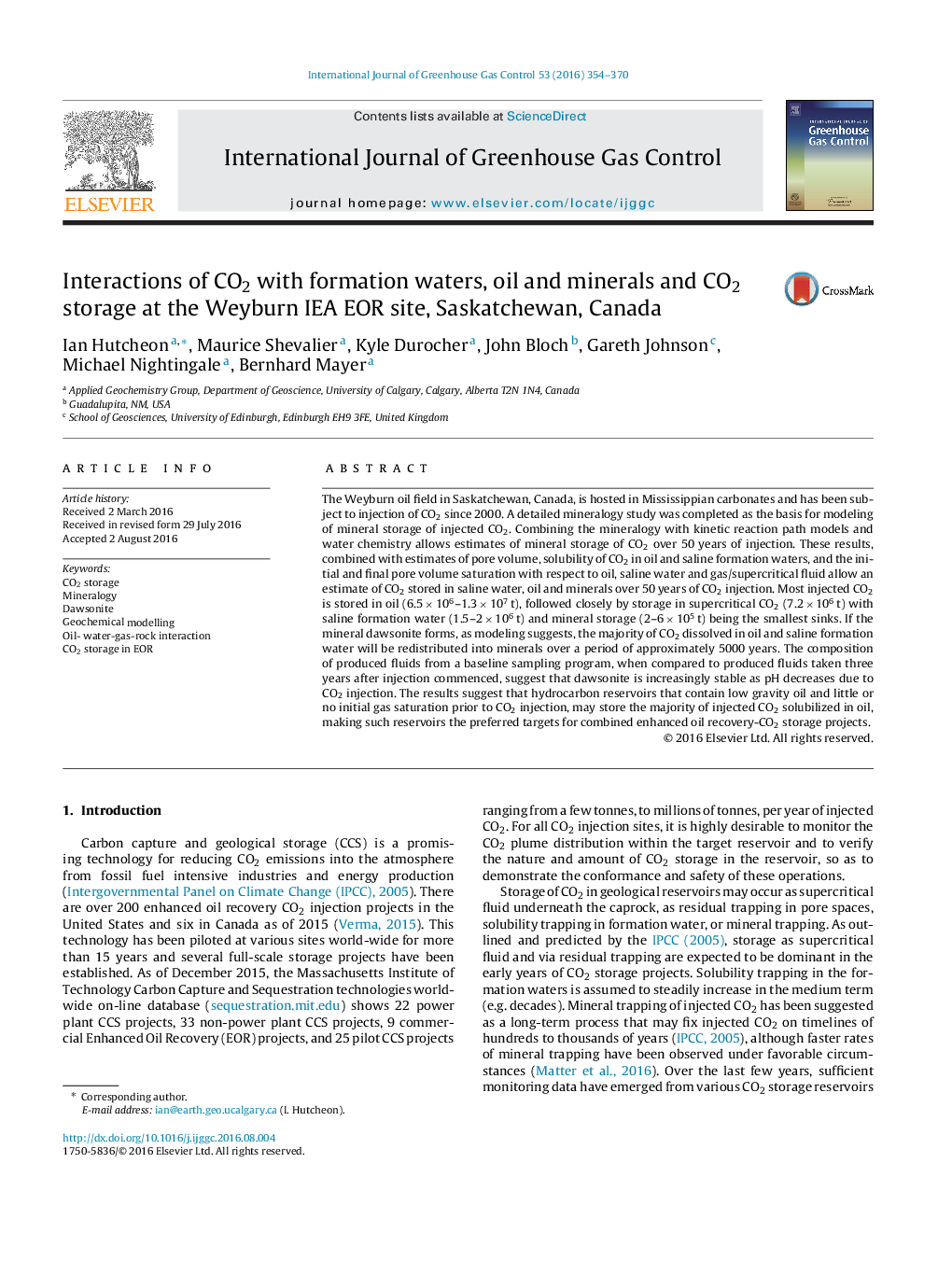 Interactions of CO2 with formation waters, oil and minerals and CO2 storage at the Weyburn IEA EOR site, Saskatchewan, Canada