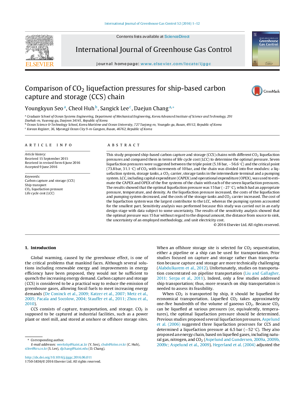 Comparison of CO2 liquefaction pressures for ship-based carbon capture and storage (CCS) chain