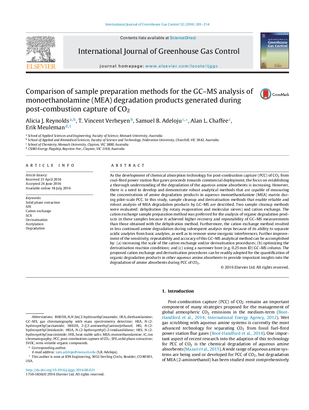 Comparison of sample preparation methods for the GCâ¿¿MS analysis of monoethanolamine (MEA) degradation products generated during post-combustion capture of CO2