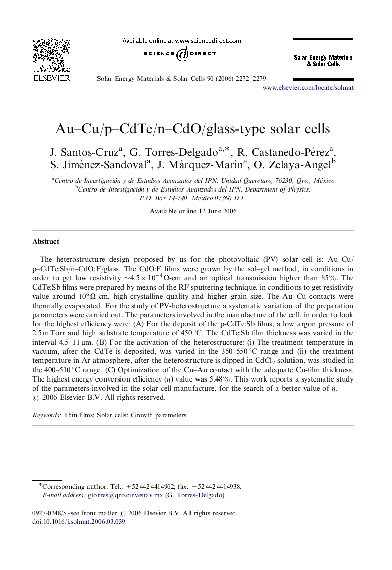 Au–Cu/p–CdTe/n–CdO/glass-type solar cells