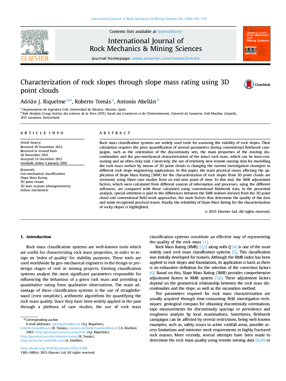 Characterization of rock slopes through slope mass rating using 3D point clouds