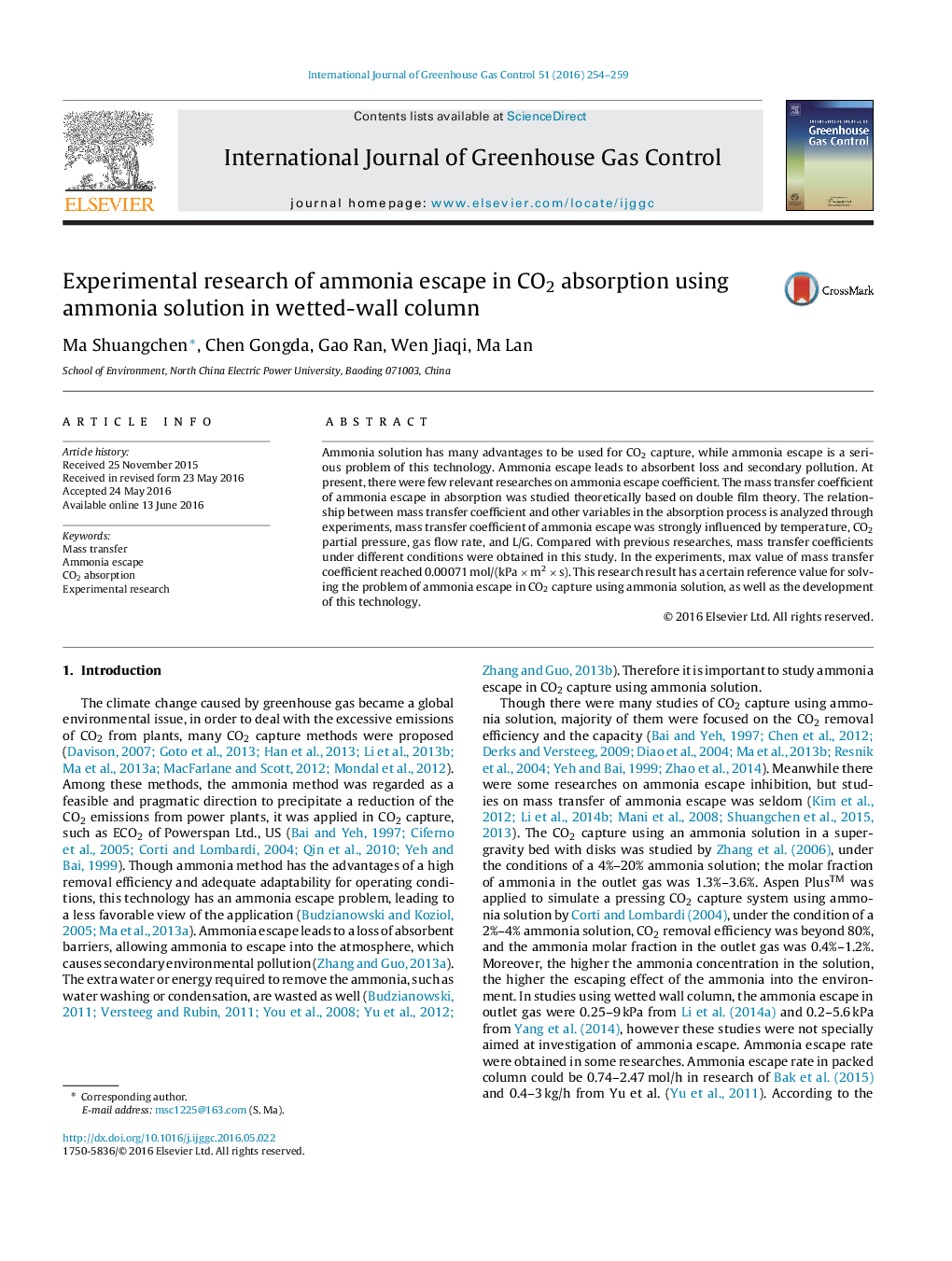 Experimental research of ammonia escape in CO2 absorption using ammonia solution in wetted-wall column