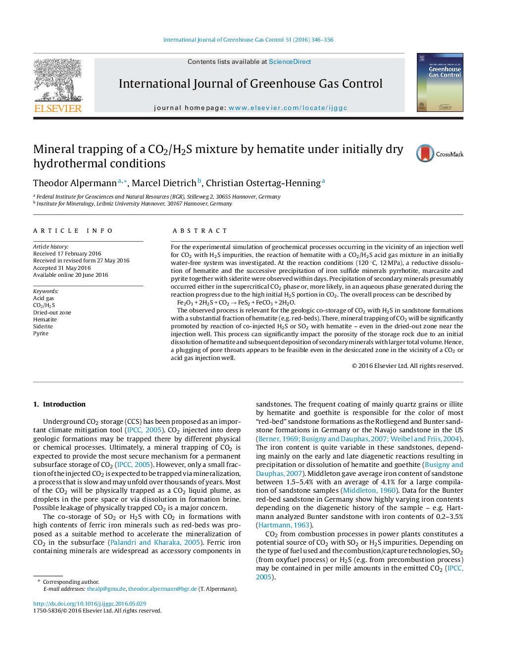 Mineral trapping of a CO2/H2S mixture by hematite under initially dry hydrothermal conditions