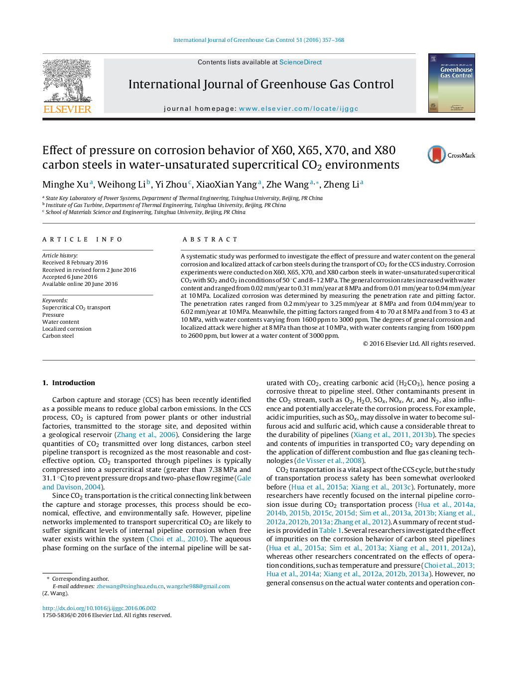 Effect of pressure on corrosion behavior of X60, X65, X70, and X80 carbon steels in water-unsaturated supercritical CO2 environments