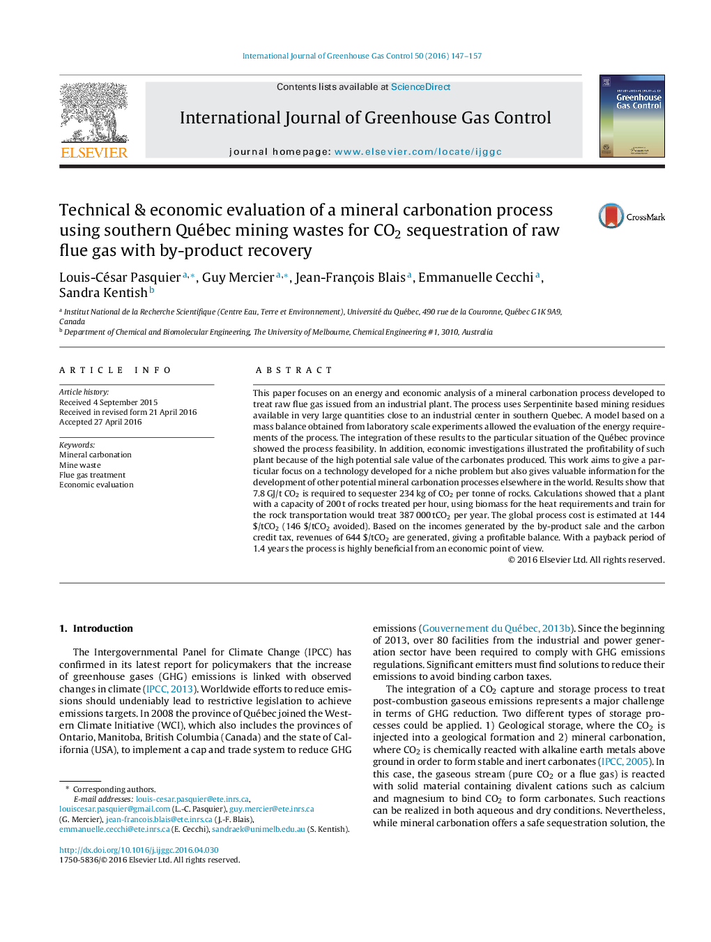 Technical & economic evaluation of a mineral carbonation process using southern Québec mining wastes for CO2 sequestration of raw flue gas with by-product recovery