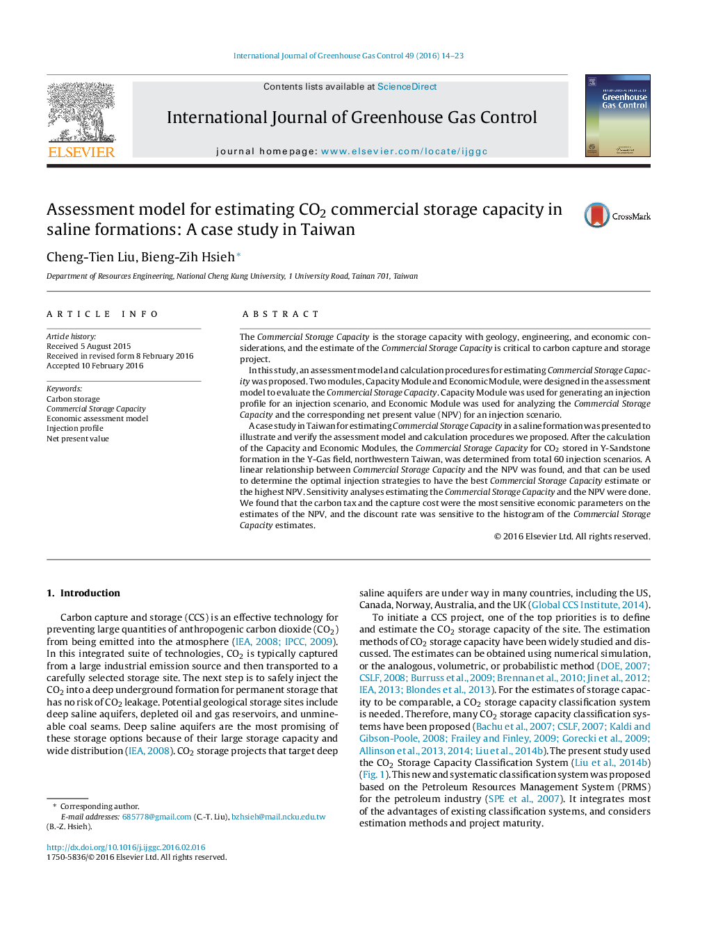 Assessment model for estimating CO2 commercial storage capacity in saline formations: A case study in Taiwan