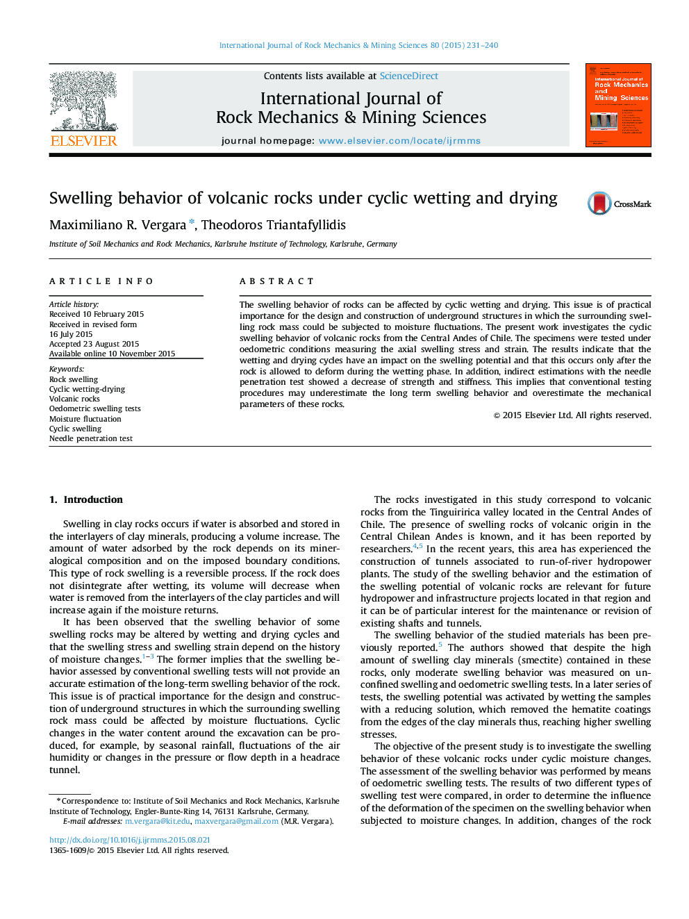 Swelling behavior of volcanic rocks under cyclic wetting and drying