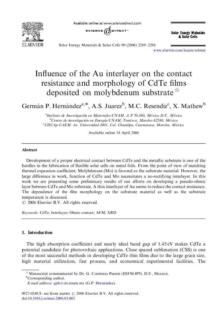 Influence of the Au interlayer on the contact resistance and morphology of CdTe films deposited on molybdenum substrate 