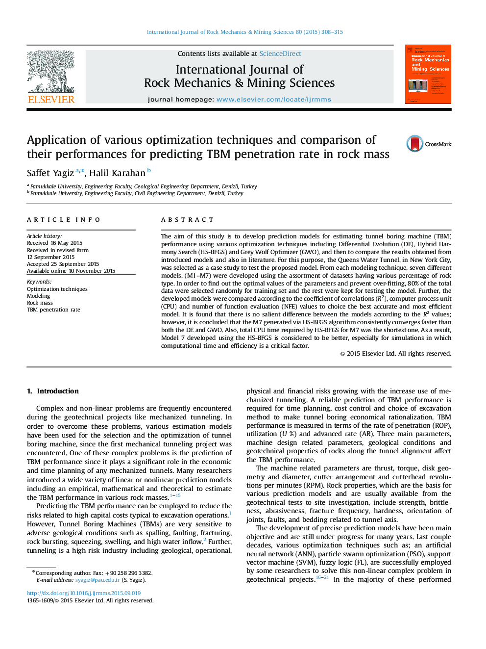 Application of various optimization techniques and comparison of their performances for predicting TBM penetration rate in rock mass