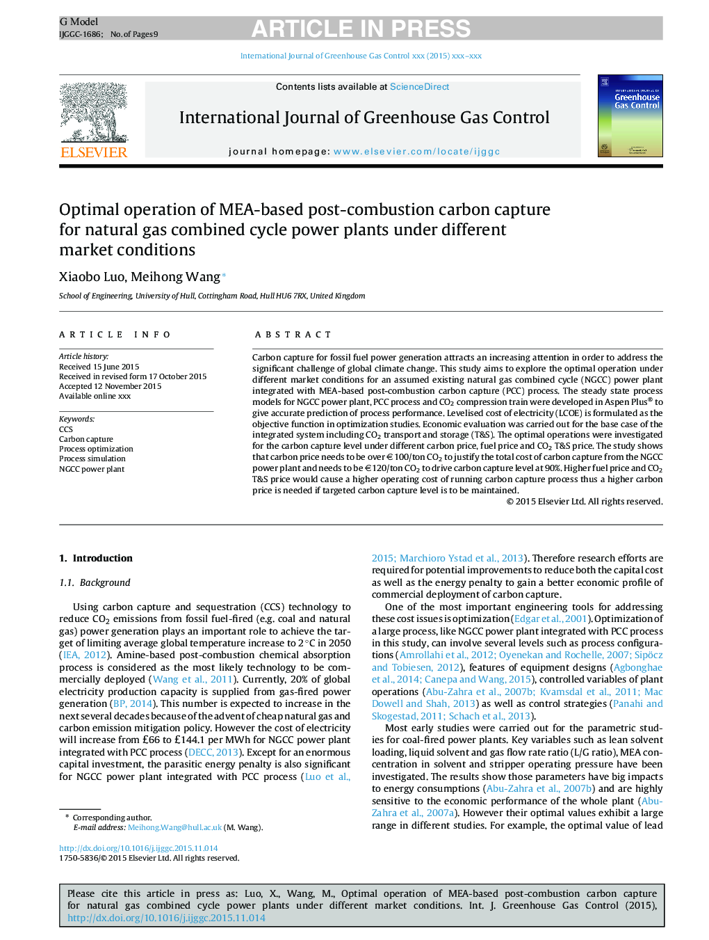 عکس صفحه اول مقاله: Optimal operation of MEA-based post-combustion carbon capture for natural gas combined cycle power plants under different market conditions Optimal operation of MEA-based post-combustion carbon capture for natural gas combined cycle power plants under different market conditions