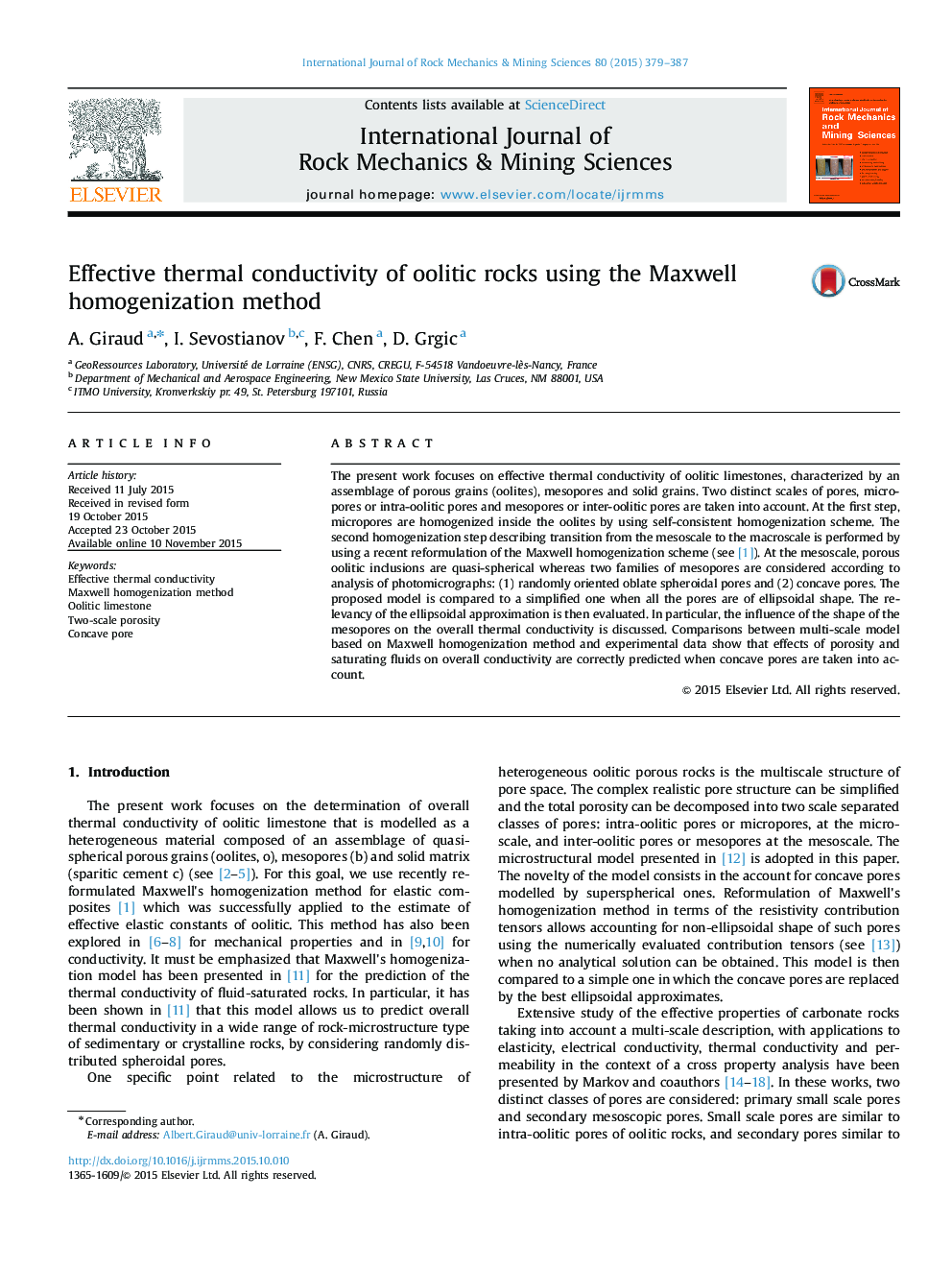 Effective thermal conductivity of oolitic rocks using the Maxwell homogenization method