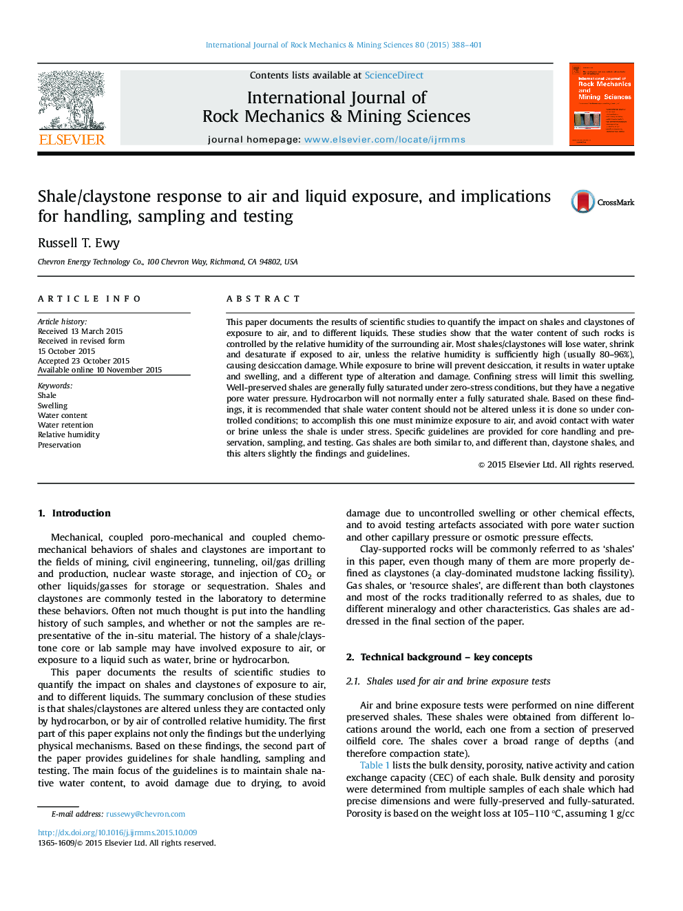 Shale/claystone response to air and liquid exposure, and implications for handling, sampling and testing