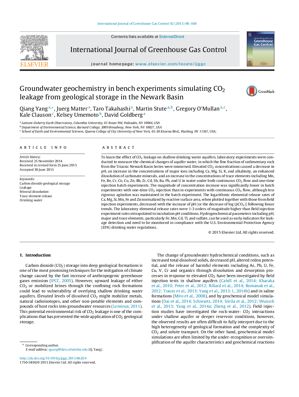 Groundwater geochemistry in bench experiments simulating CO2 leakage from geological storage in the Newark Basin