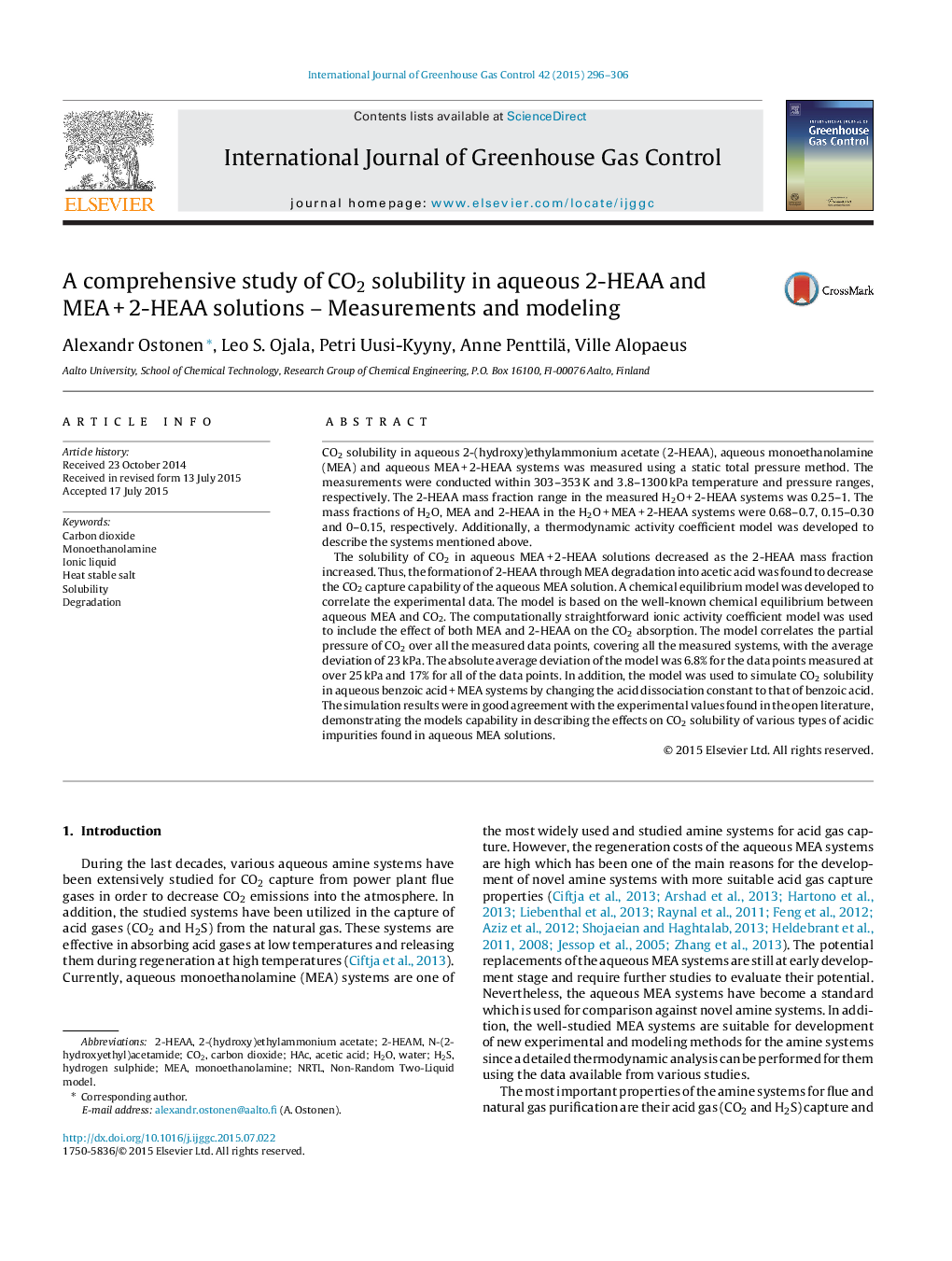 عکس صفحه اول مقاله: A comprehensive study of CO2 solubility in aqueous 2-HEAA and MEAÂ +Â 2-HEAA solutions - Measurements and modeling A comprehensive study of CO2 solubility in aqueous 2-HEAA and MEAÂ +Â 2-HEAA solutions - Measurements and modeling