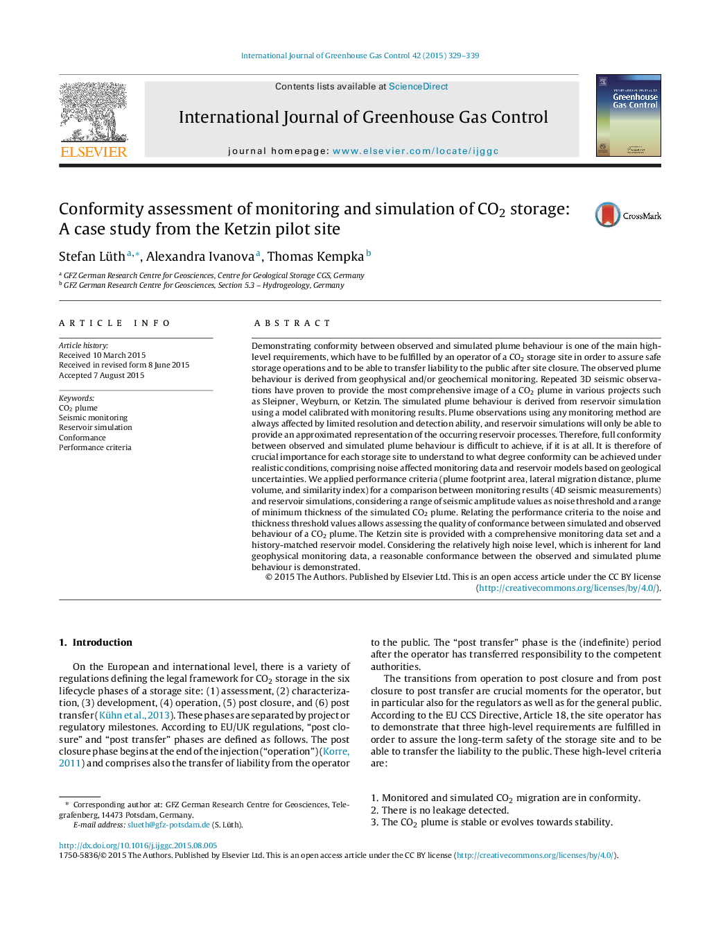 عکس صفحه اول مقاله: Conformity assessment of monitoring and simulation of CO2 storage: A case study from the Ketzin pilot site Conformity assessment of monitoring and simulation of CO2 storage: A case study from the Ketzin pilot site