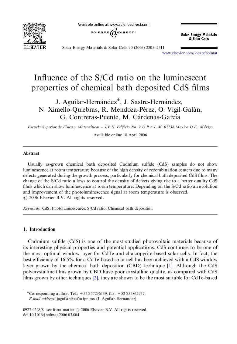 Influence of the S/Cd ratio on the luminescent properties of chemical bath deposited CdS films