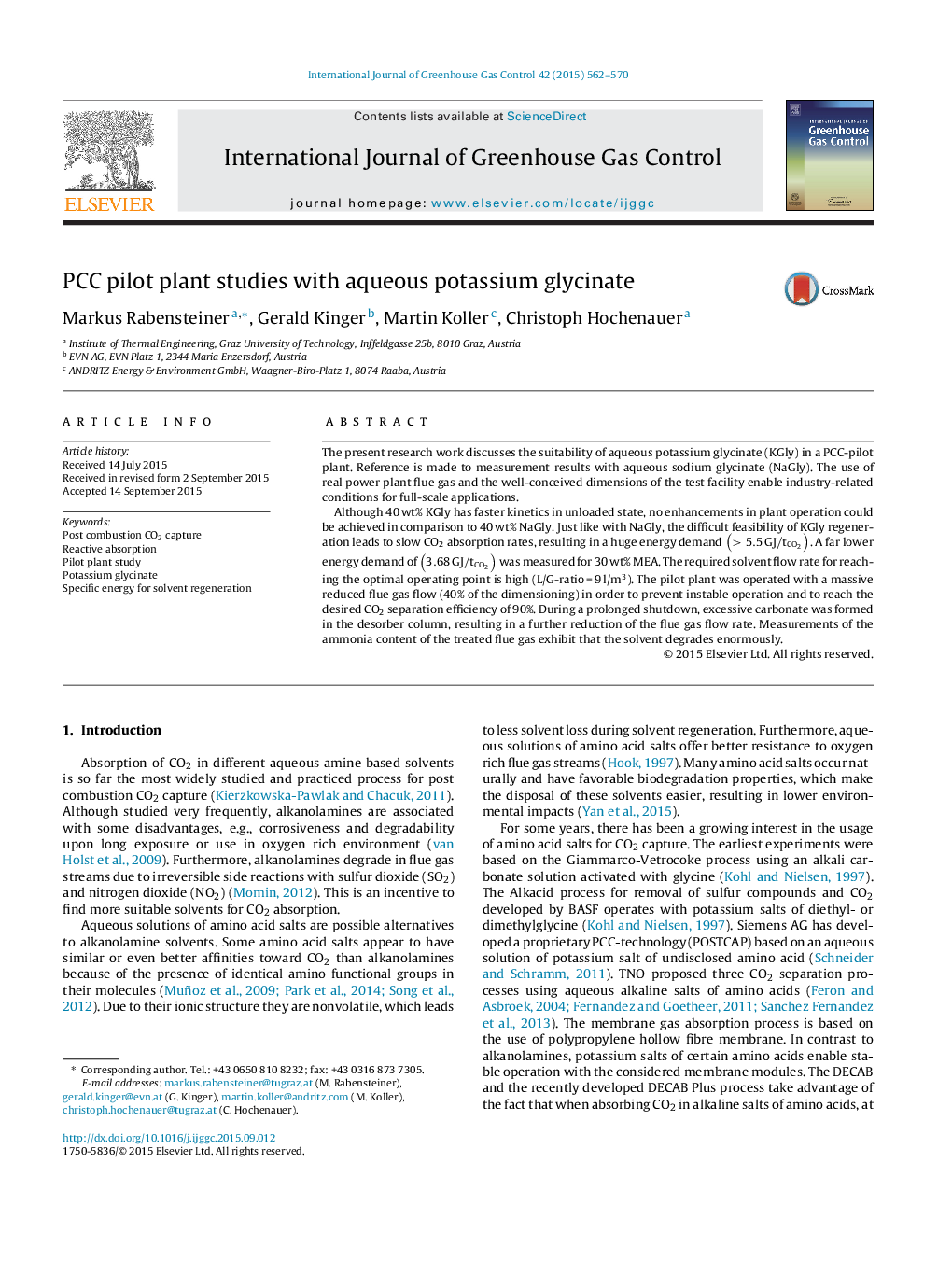 PCC pilot plant studies with aqueous potassium glycinate