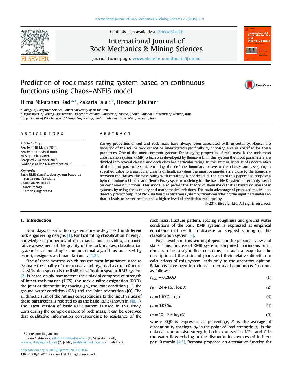 Prediction of rock mass rating system based on continuous functions using Chaos–ANFIS model