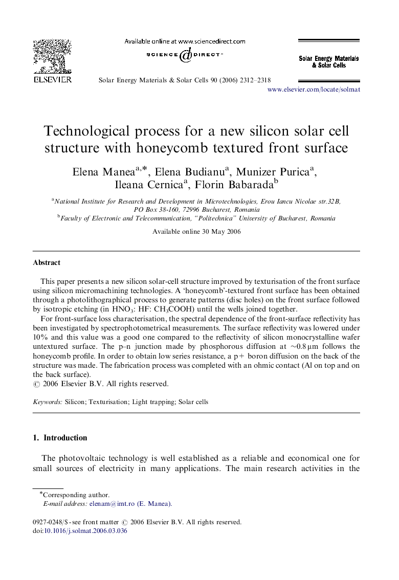Technological process for a new silicon solar cell structure with honeycomb textured front surface