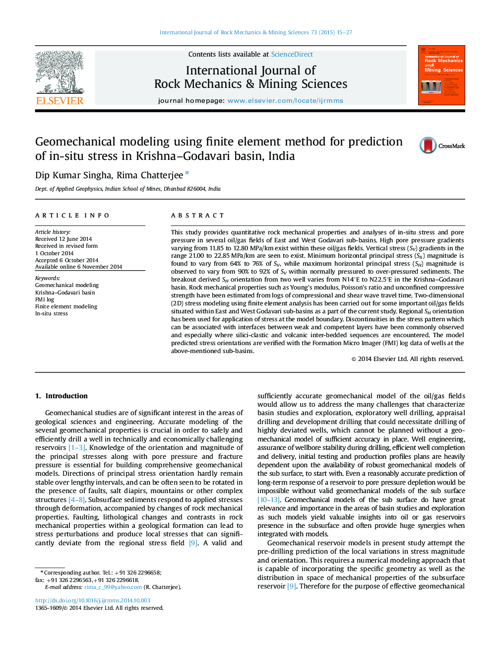 مدل سازی ژئومکانیک با استفاده از روش عنصر محدود برای پیش بینی استرس در ناحیه کریشنا، حوضه گدارواری، هند 