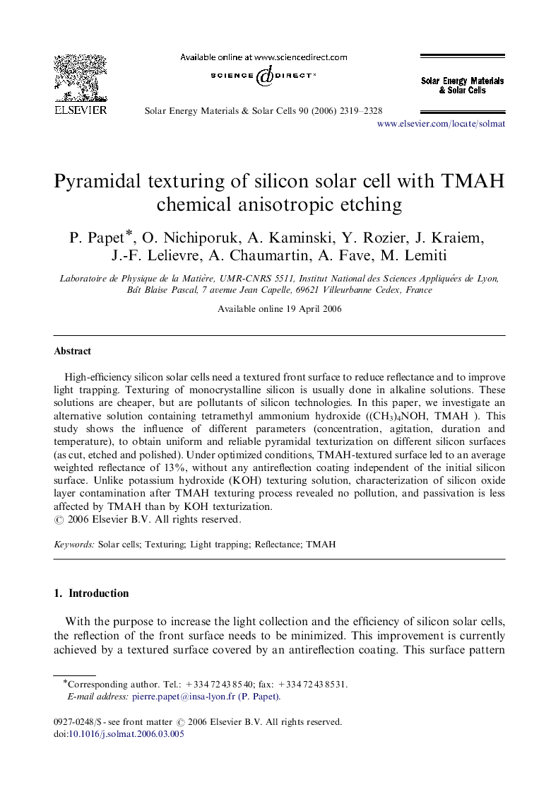 Pyramidal texturing of silicon solar cell with TMAH chemical anisotropic etching