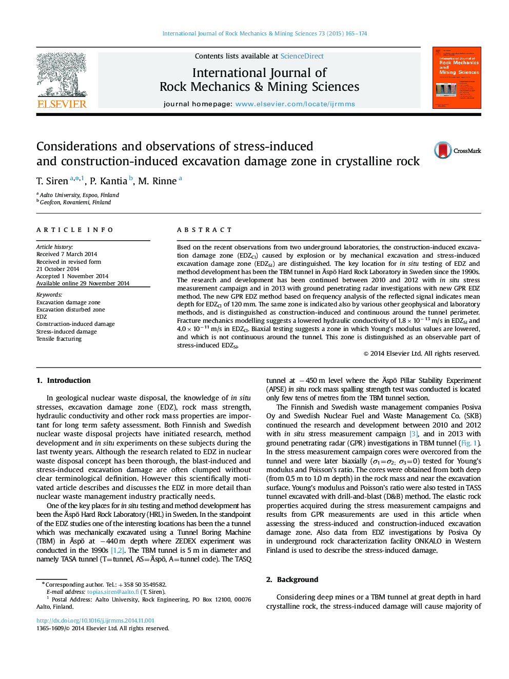 Considerations and observations of stress-induced and construction-induced excavation damage zone in crystalline rock