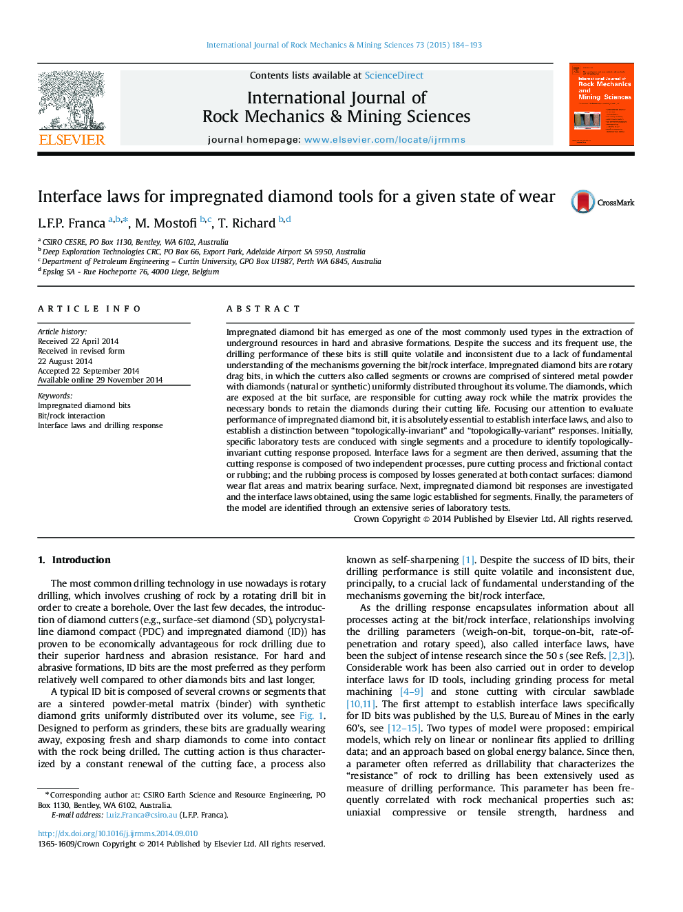 عکس صفحه اول مقاله: Interface laws for impregnated diamond tools for a given state of wear Interface laws for impregnated diamond tools for a given state of wear