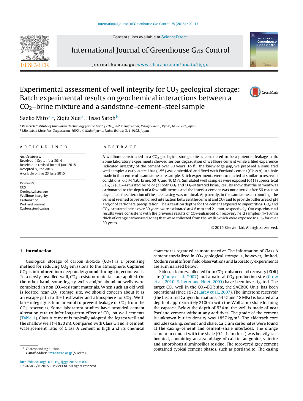 Experimental assessment of well integrity for CO2 geological storage: Batch experimental results on geochemical interactions between a CO2-brine mixture and a sandstone-cement-steel sample