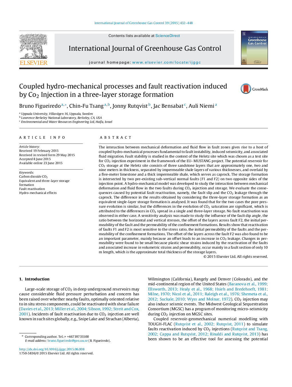 Coupled hydro-mechanical processes and fault reactivation induced by Co2 Injection in a three-layer storage formation