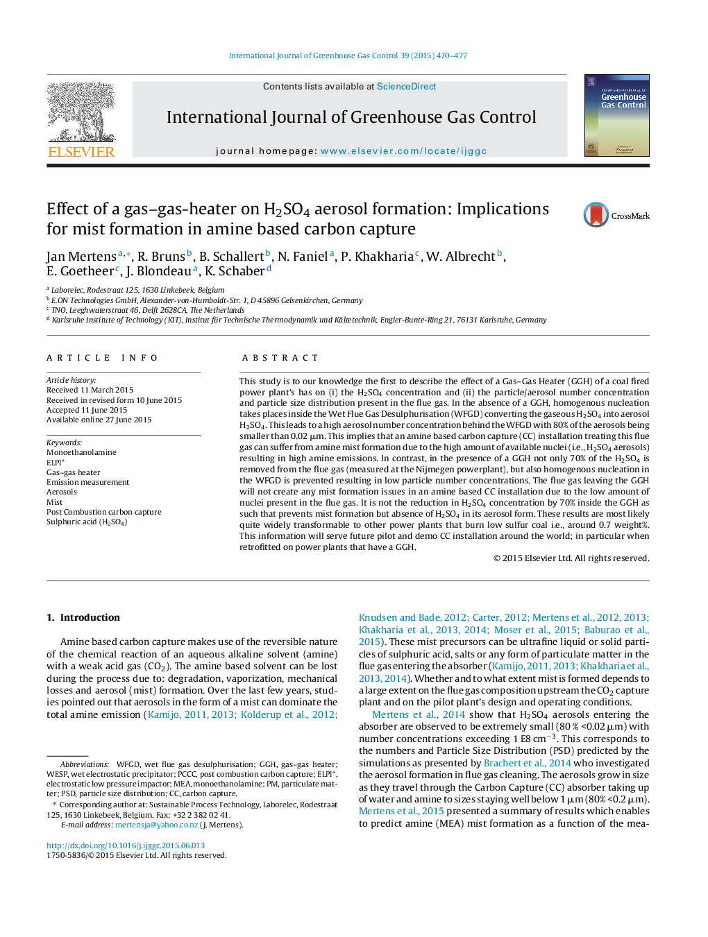 عکس صفحه اول مقاله: Effect of a gas-gas-heater on H2SO4 aerosol formation: Implications for mist formation in amine based carbon capture Effect of a gas-gas-heater on H2SO4 aerosol formation: Implications for mist formation in amine based carbon capture