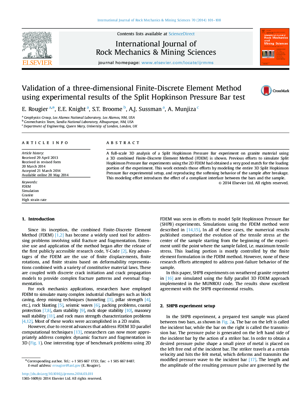 Validation of a three-dimensional Finite-Discrete Element Method using experimental results of the Split Hopkinson Pressure Bar test