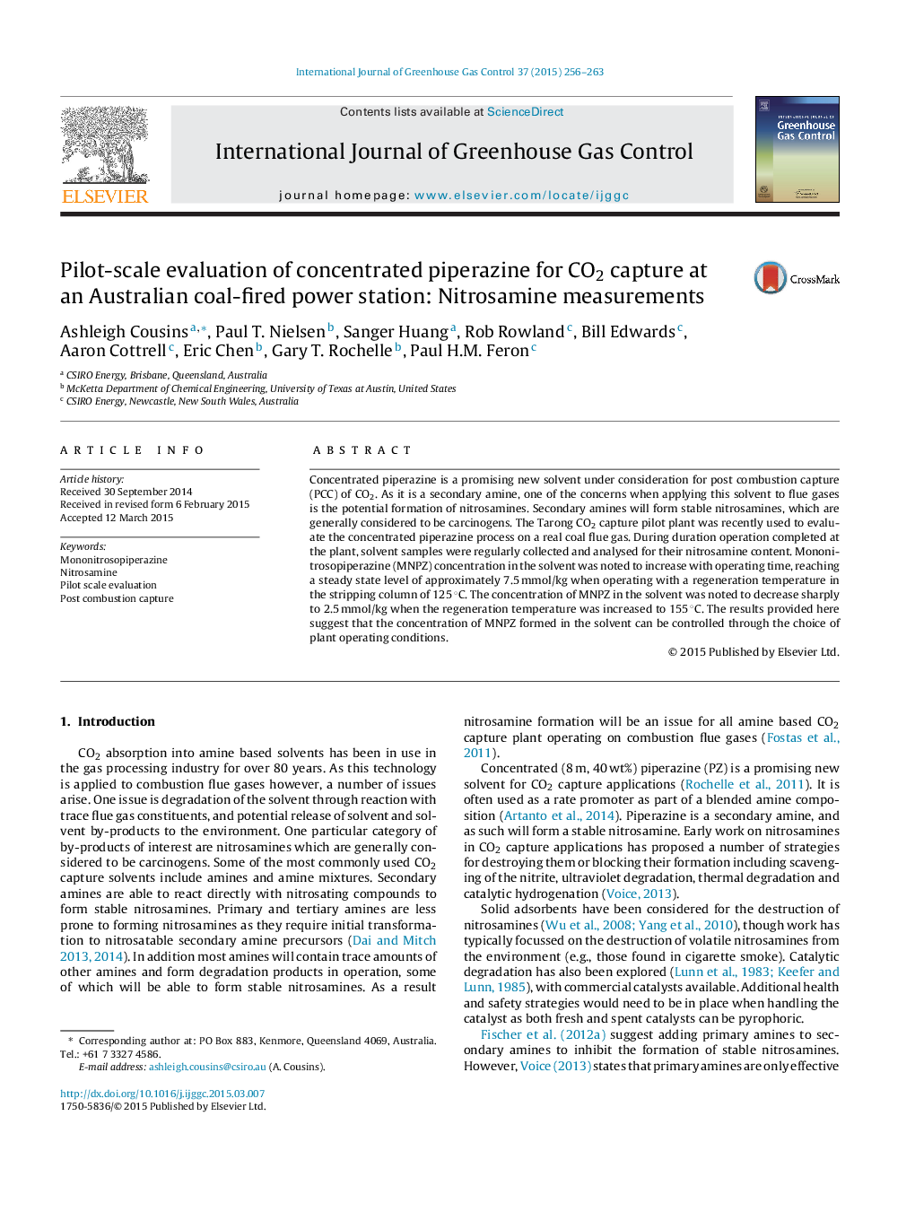 عکس صفحه اول مقاله: Pilot-scale evaluation of concentrated piperazine for CO2 capture at an Australian coal-fired power station: Nitrosamine measurements Pilot-scale evaluation of concentrated piperazine for CO2 capture at an Australian coal-fired power station: Nitrosamine measurements