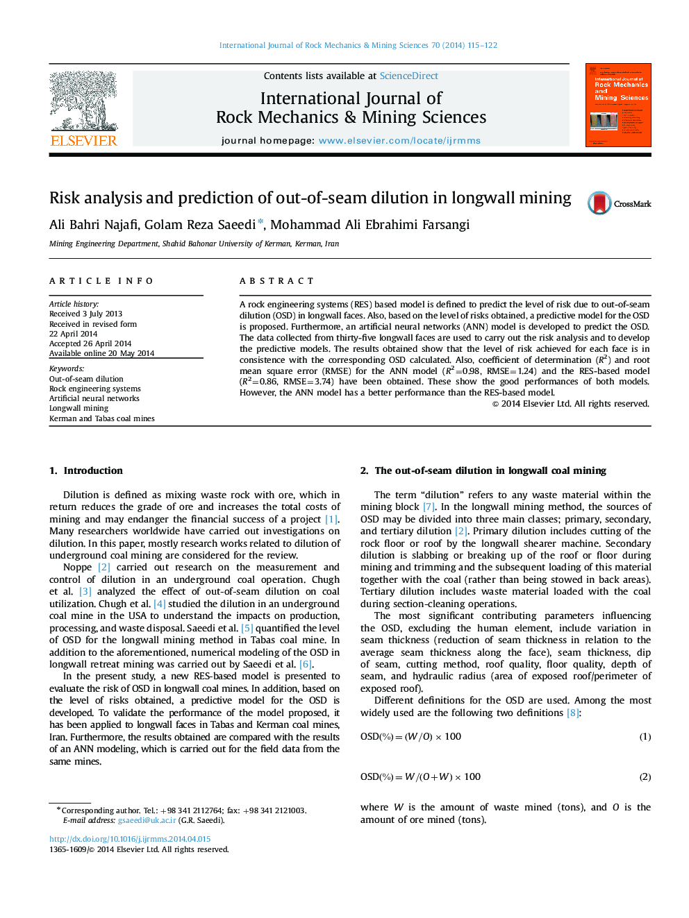 Risk analysis and prediction of out-of-seam dilution in longwall mining