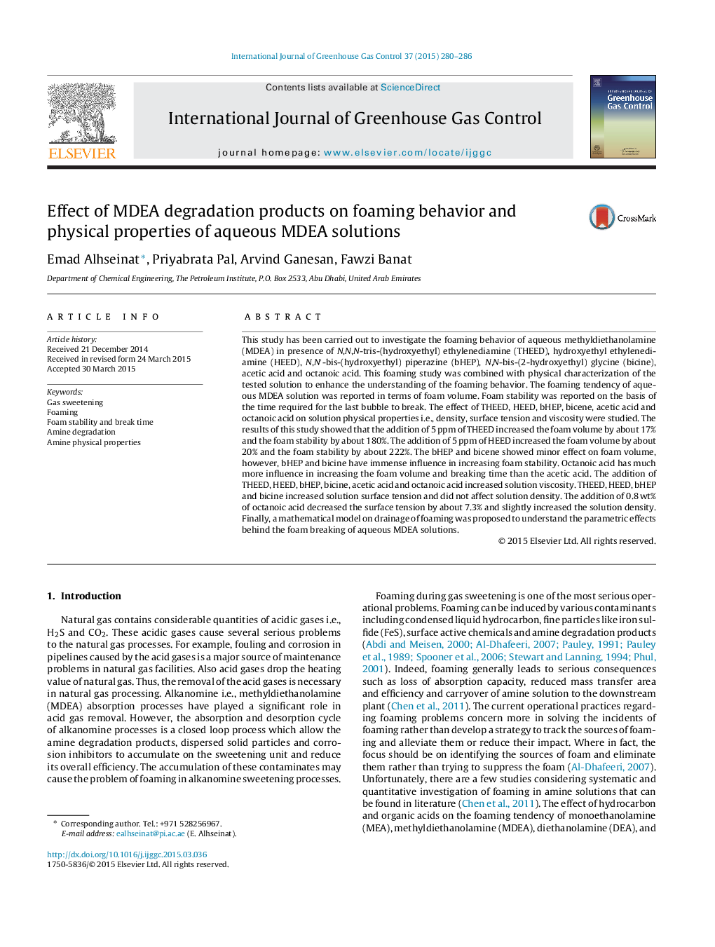 Effect of MDEA degradation products on foaming behavior and physical properties of aqueous MDEA solutions